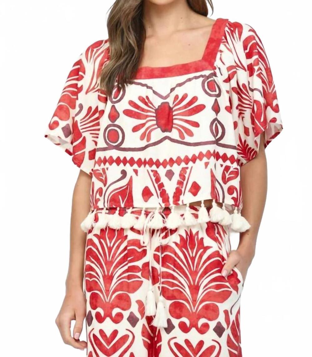 NEW FATE BY LFD geo and tropical print tassel top in ivory red